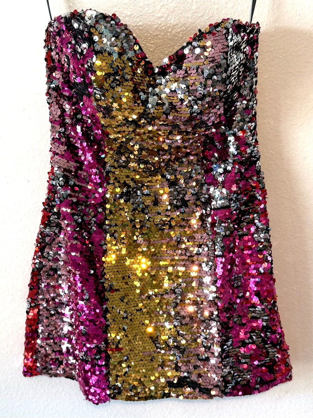 Alyce Paris Gold, Fuchsia & Silver Sequin Strapless Prom Dress